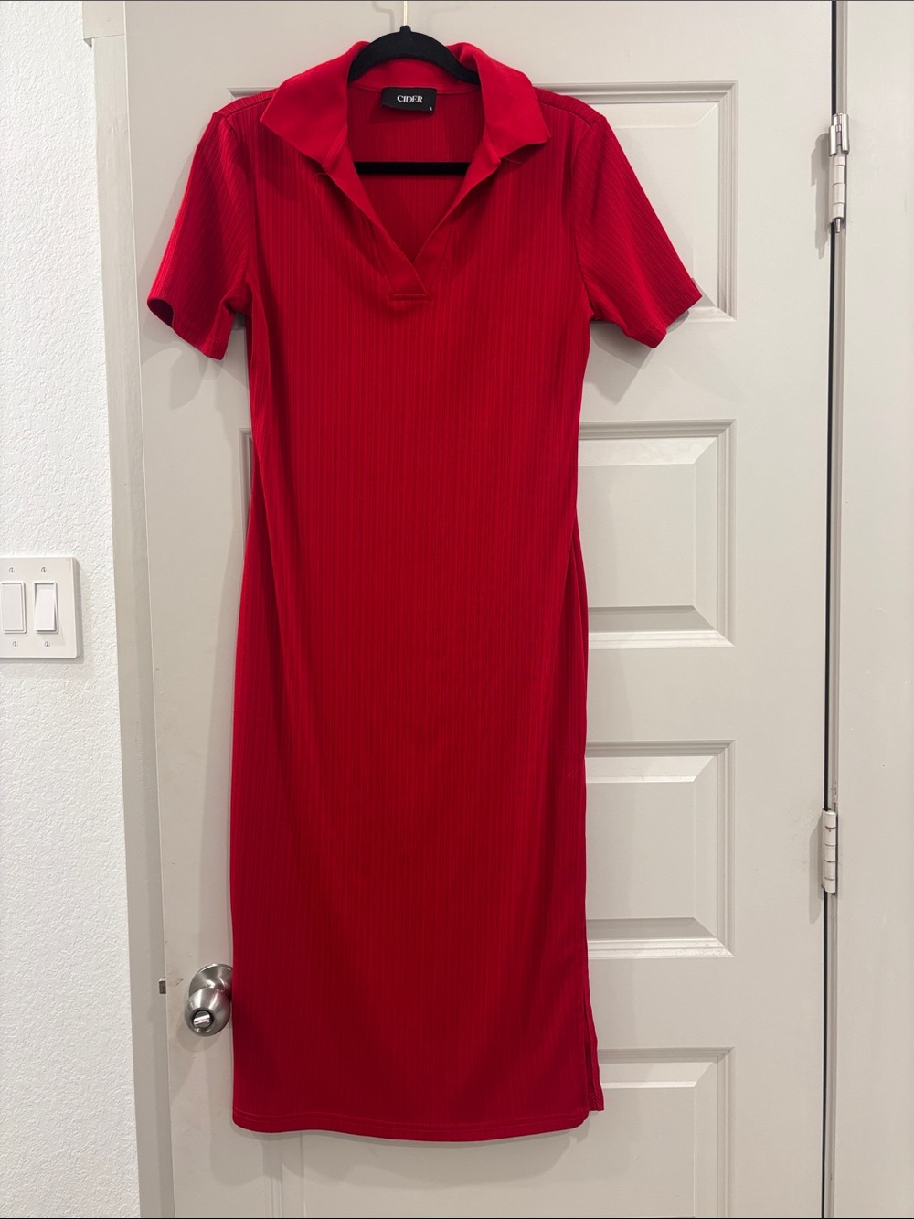 Cider Scarlet Ribbed Polo-Style Midi Dress